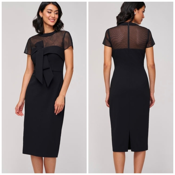 🔹️JS Collections🔹️ Black Roselle Bow Cocktail Illusion Tea- Length Dress - Picture 1 of 5